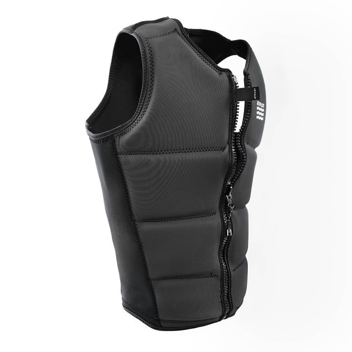 Angle view of The Ayala Surf comp Vest   Black Front view open PK zipper