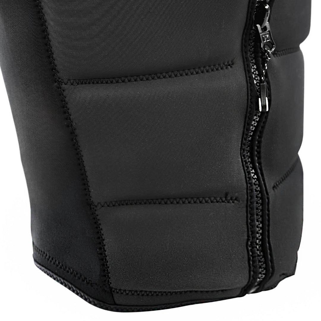Front detail view of The Ayala Surf comp Vest Front showing the zipper and the side panel