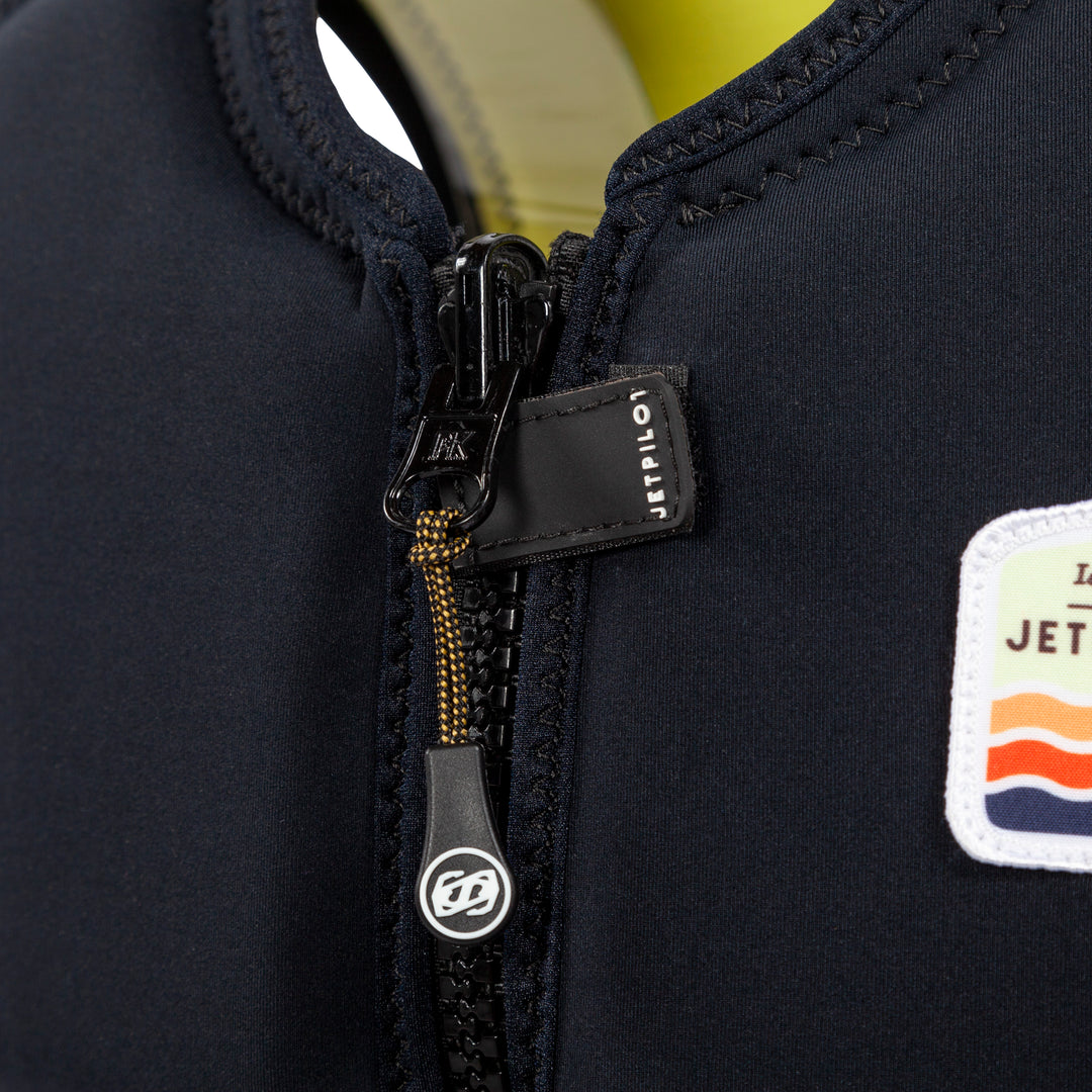 Closeup shot of the Jetpilot Draft Line PK reversible zipper with zip lock.