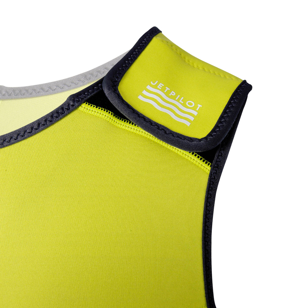Detail view of the Jetpilot Vintage John Wetsuit Neon Yellow colorway, Hook and loop zip free entry