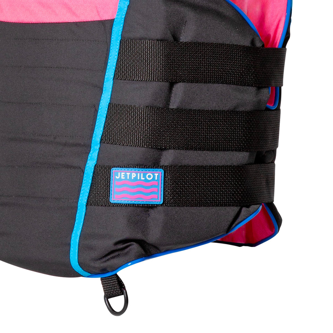 Side view of Black Pink Vintage life vest showing the hiding straps