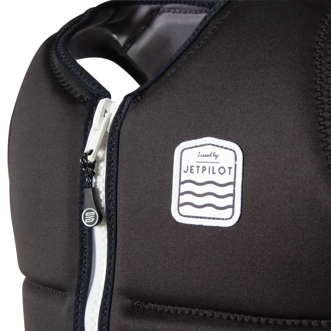 JP24148 Top front view of the Jetpilot Freeboard  Comp Vest color black showing the YKK Zipper