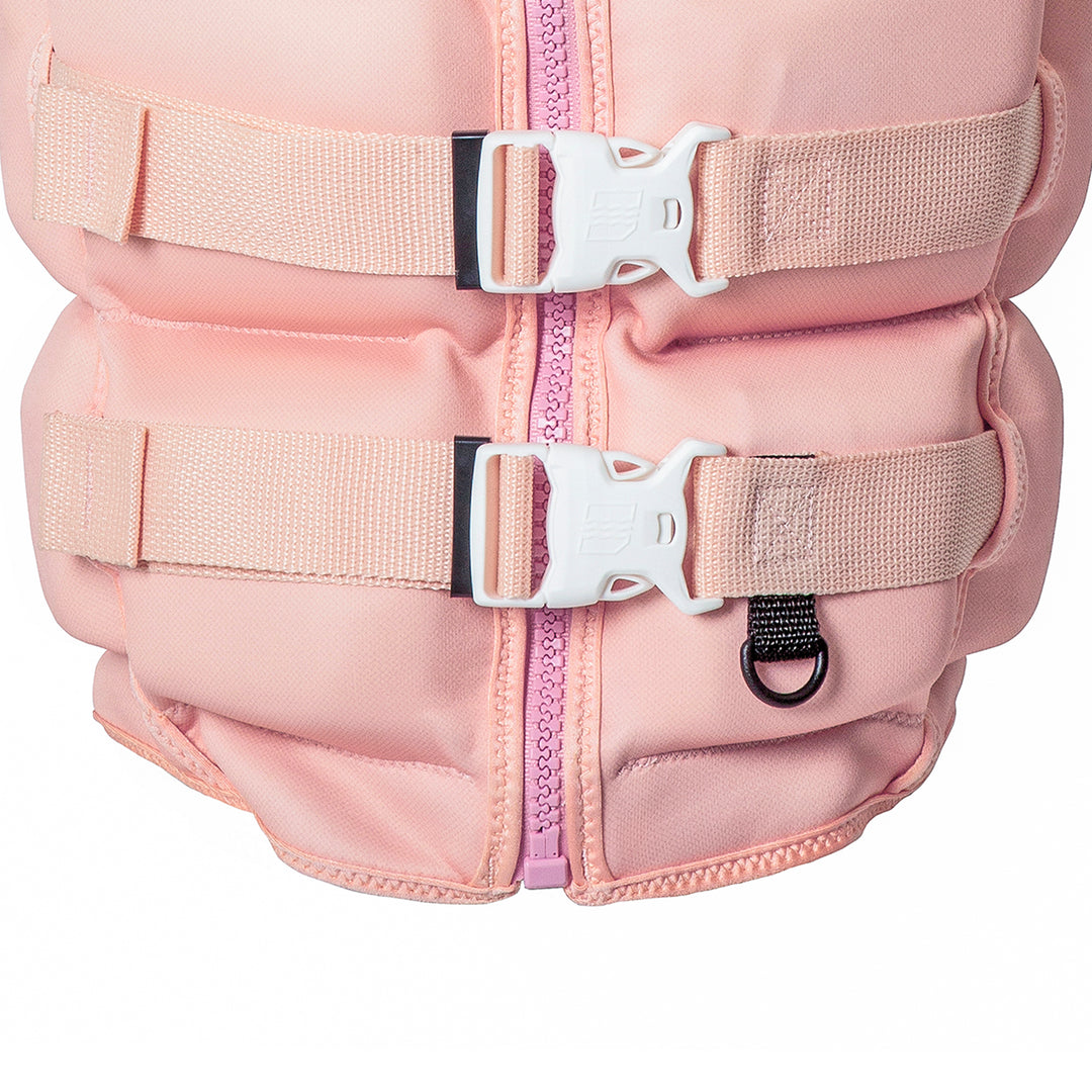 Front bottom view of the Jetpilot Women's Armada CGA vest showing the buckles