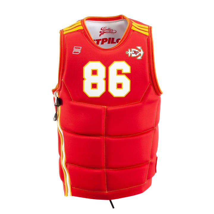 Front view of the Jetpilot Baller Comp vest. #color_red