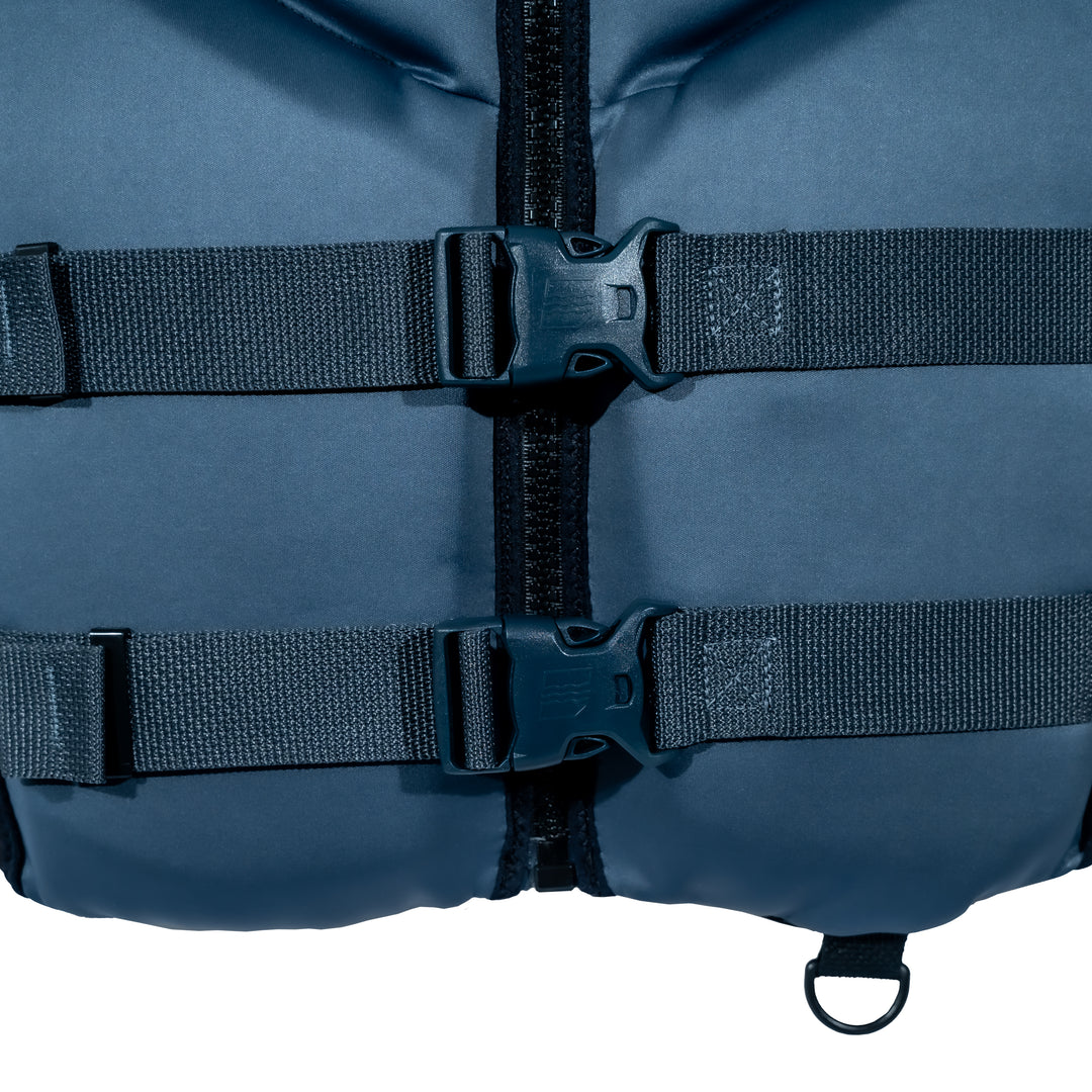 Buckle view of the Jetpilot Cause CGA Vest. #color_charcoal