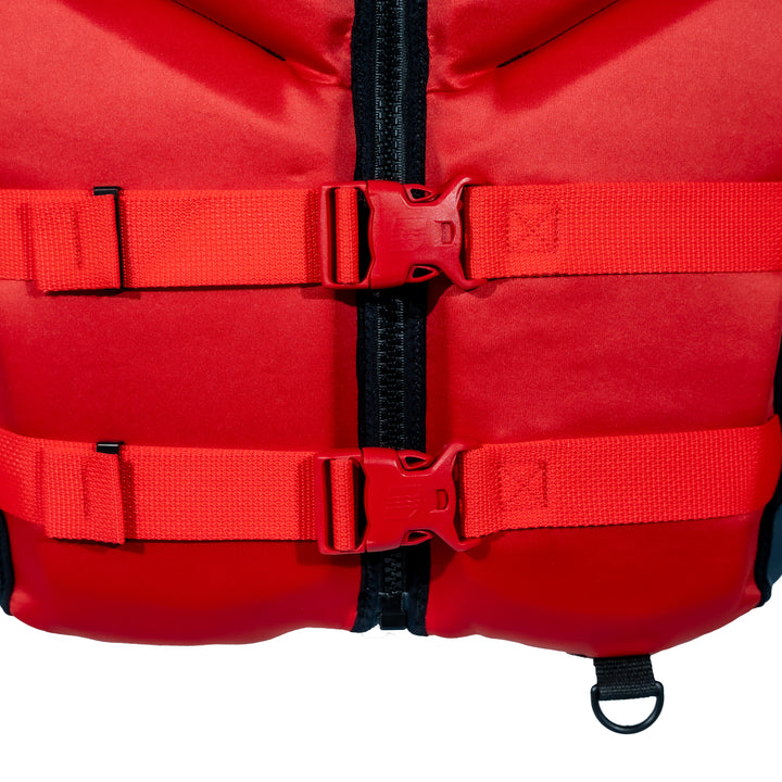 Buckle view of the Jetpilot Cause CGA Vest. #color_red