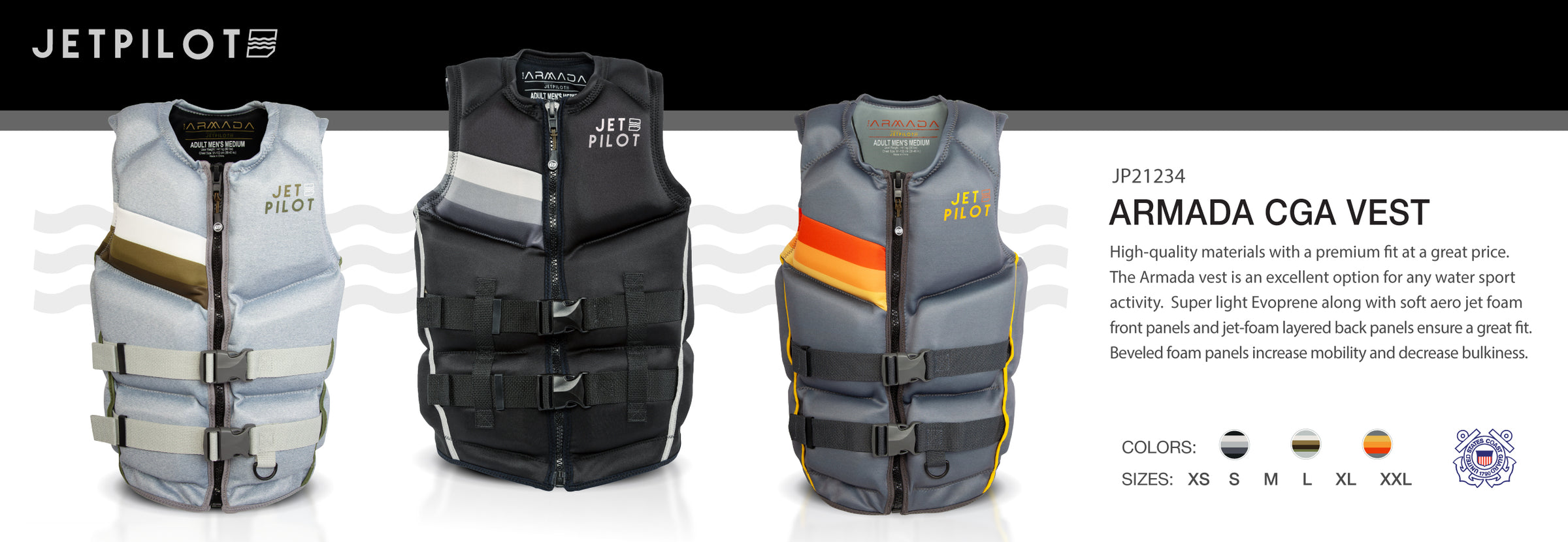 Banner showing all 3 colorways of the Jetpilot Armada Vest