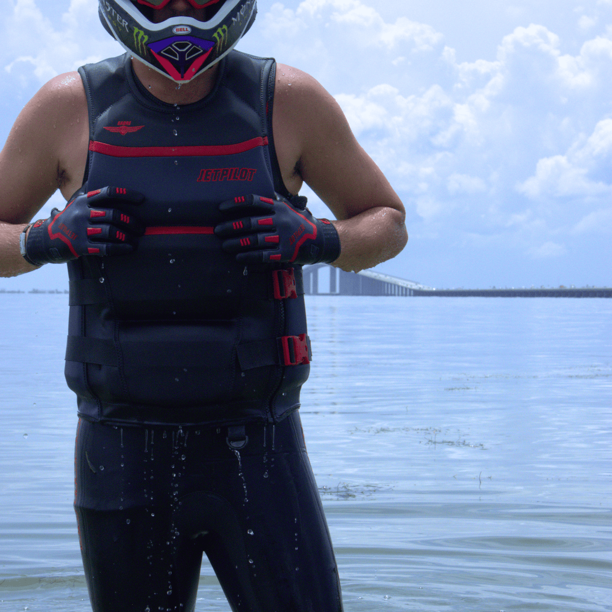 Front view of the Jetpilot F-86 Neoprene CGA vest. #color_black