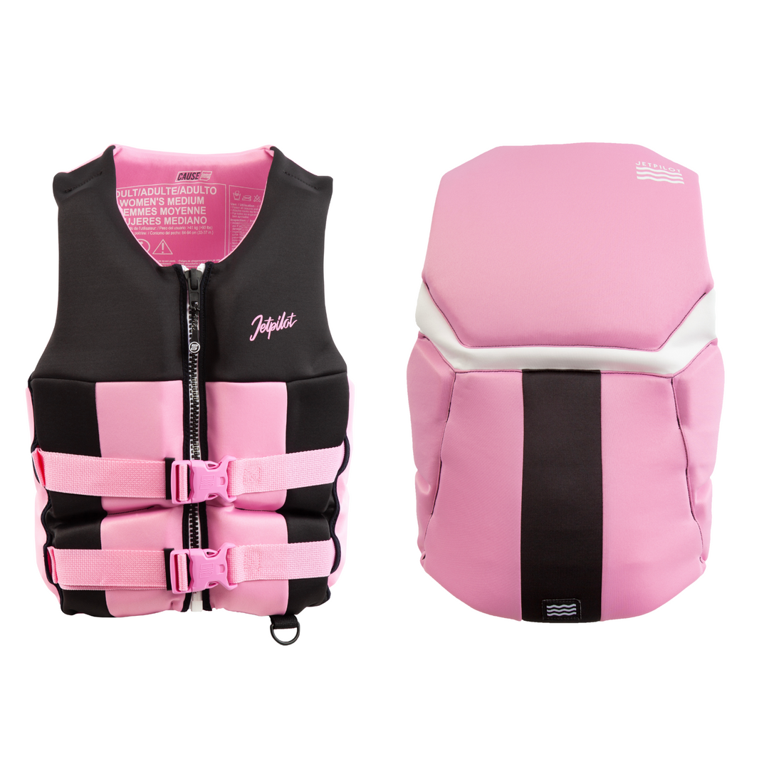 Jetpilot women's cause life jacket in pink and black.