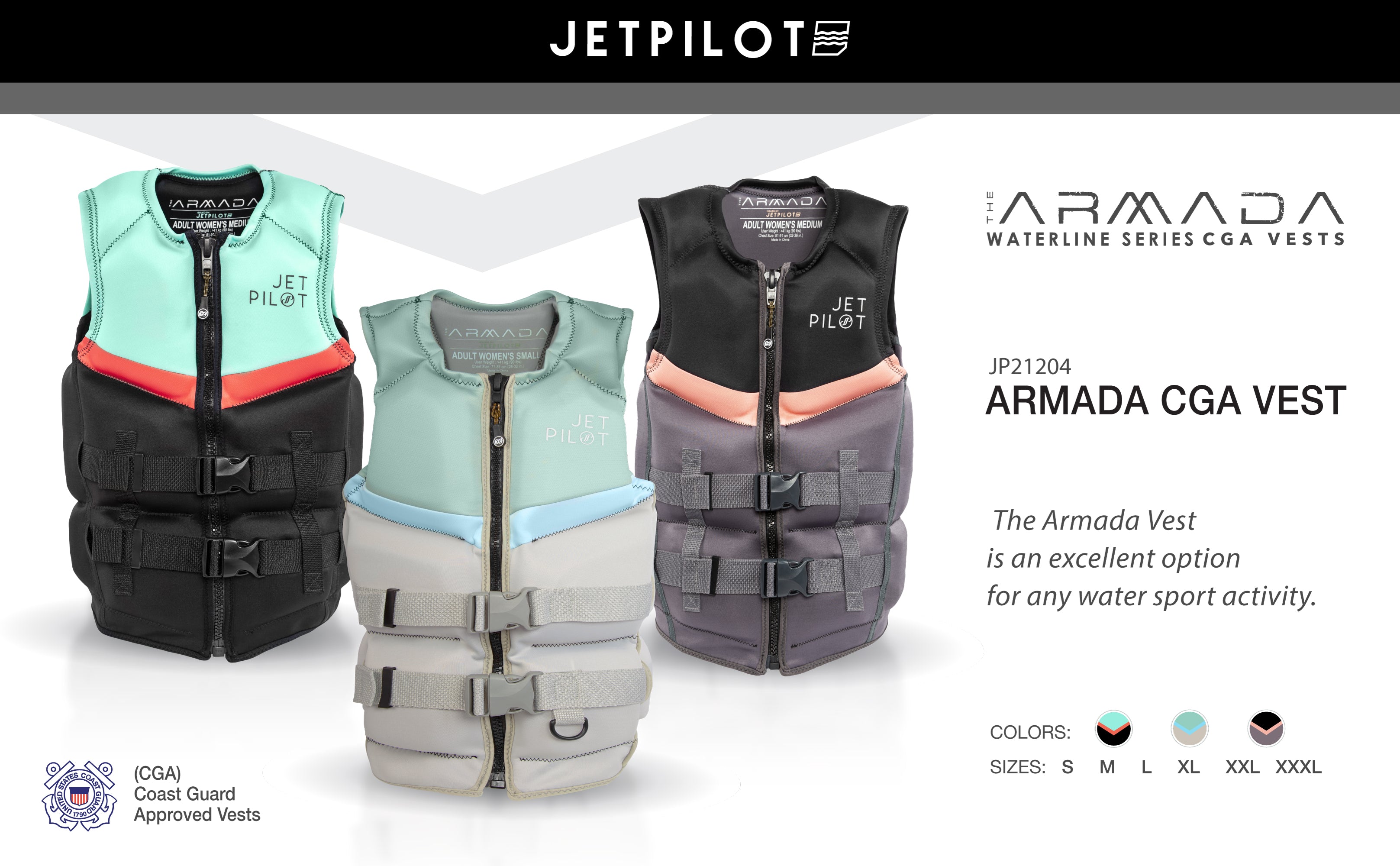 Banner showing all 3 colorways of the Jetpilot Armada Vest
