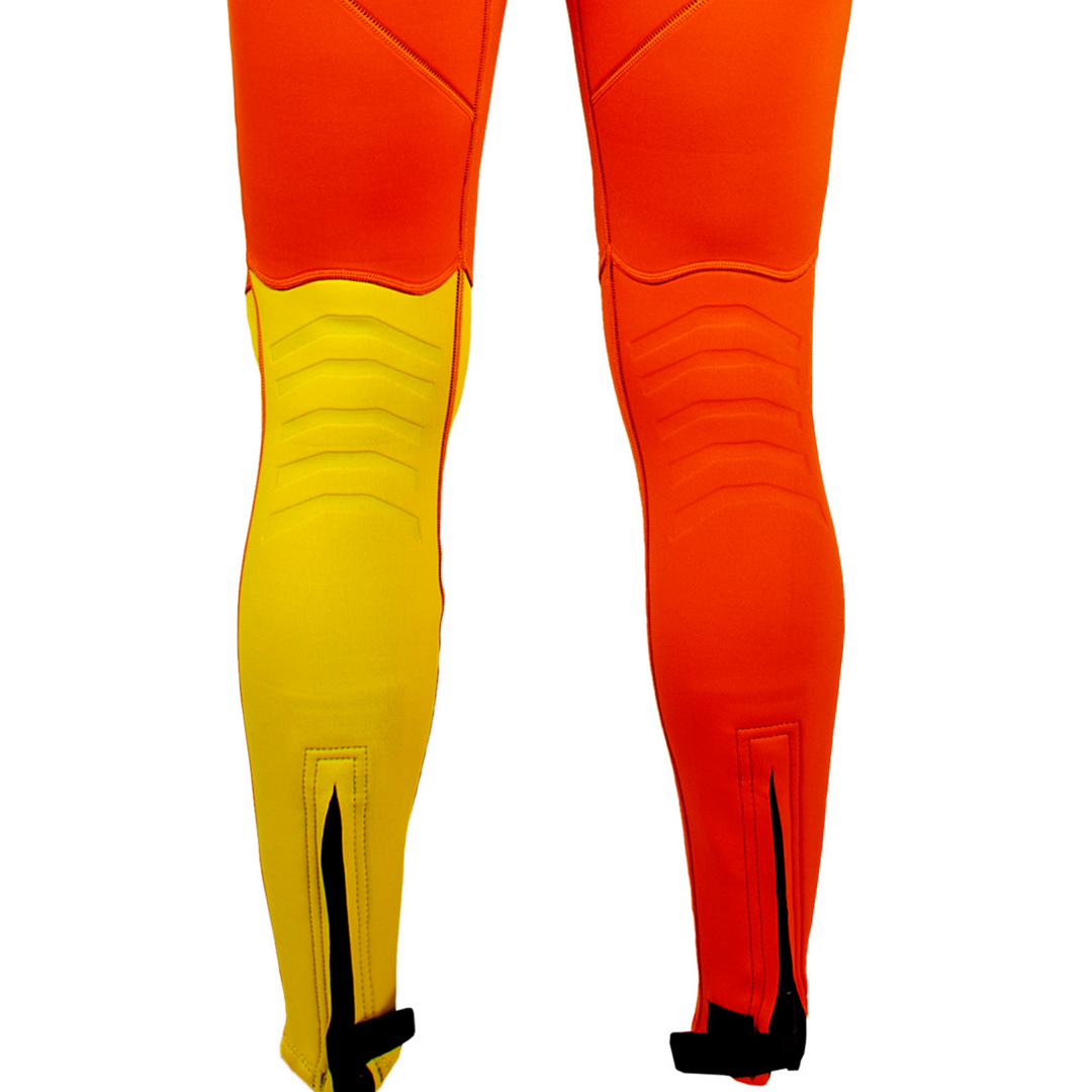 Image of the ankle zippers on both legs of the Vintage Class wetsuit.