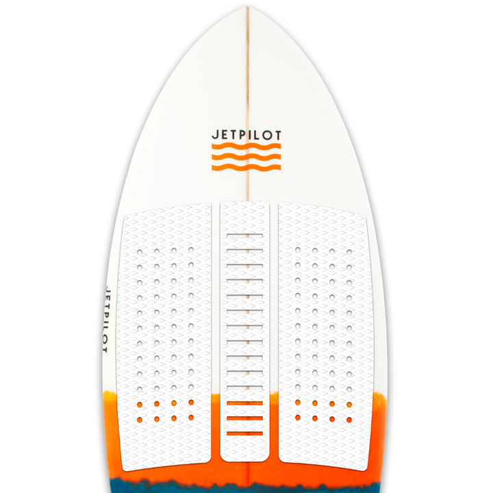 View of the Jetpilot Flying Dutchman Wake Surfboard 3 piece EVA foam front traction pad .