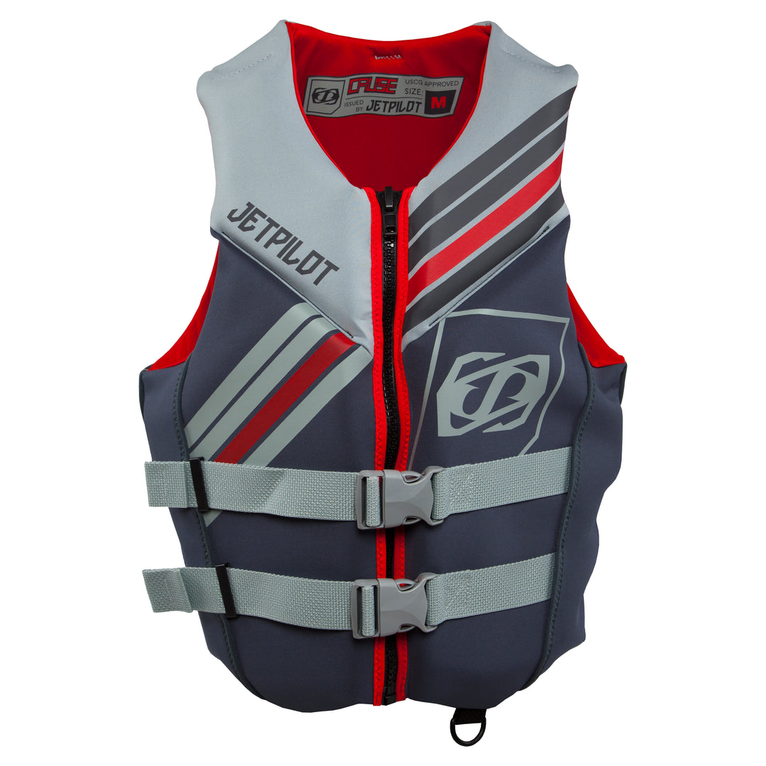 Front view of the Jetpilot Cause life vest silver red colorway.