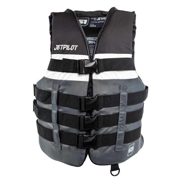 Front view of the Jetpilot S1 Nylon life vest black colorway.