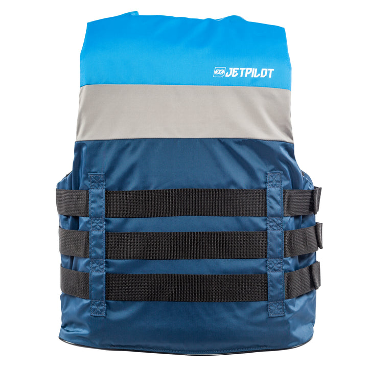 Rear view of the Jetpilot S1 Nylon life vest black colorway.