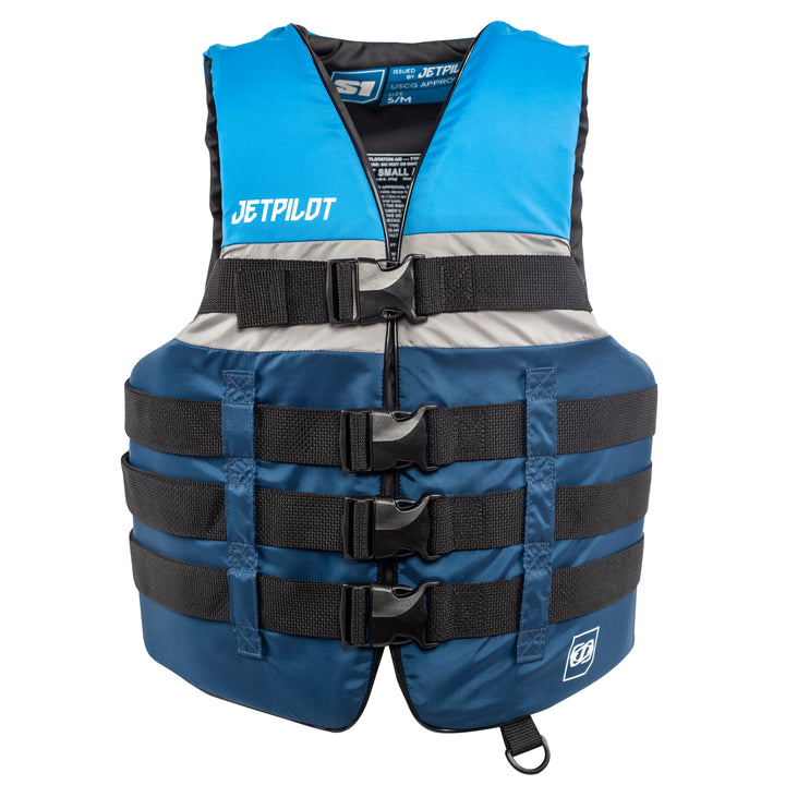 Front view of the Jetpilot S1 Nylon life vest blue colorway.