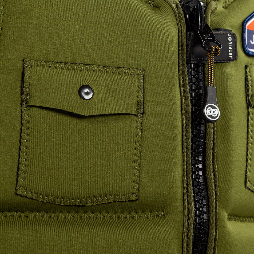 Closeup view showing zipper and pocket of the Aaron Rathy of the Jetpilot's Aaron Rathy Signature Comp Vest  Moss colorway.