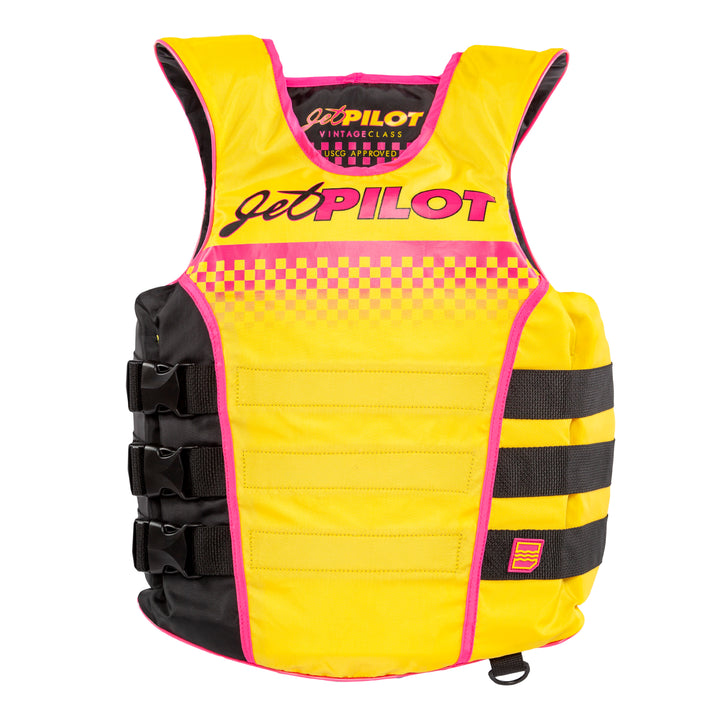 Front view of Yellow Black Vintage life vest