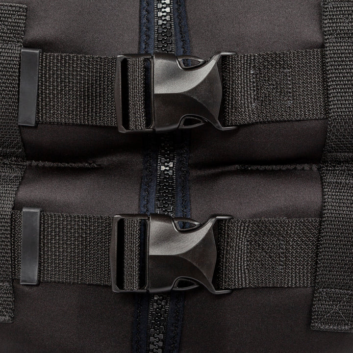 Close up view of the dual buckle system. #color_black-silver