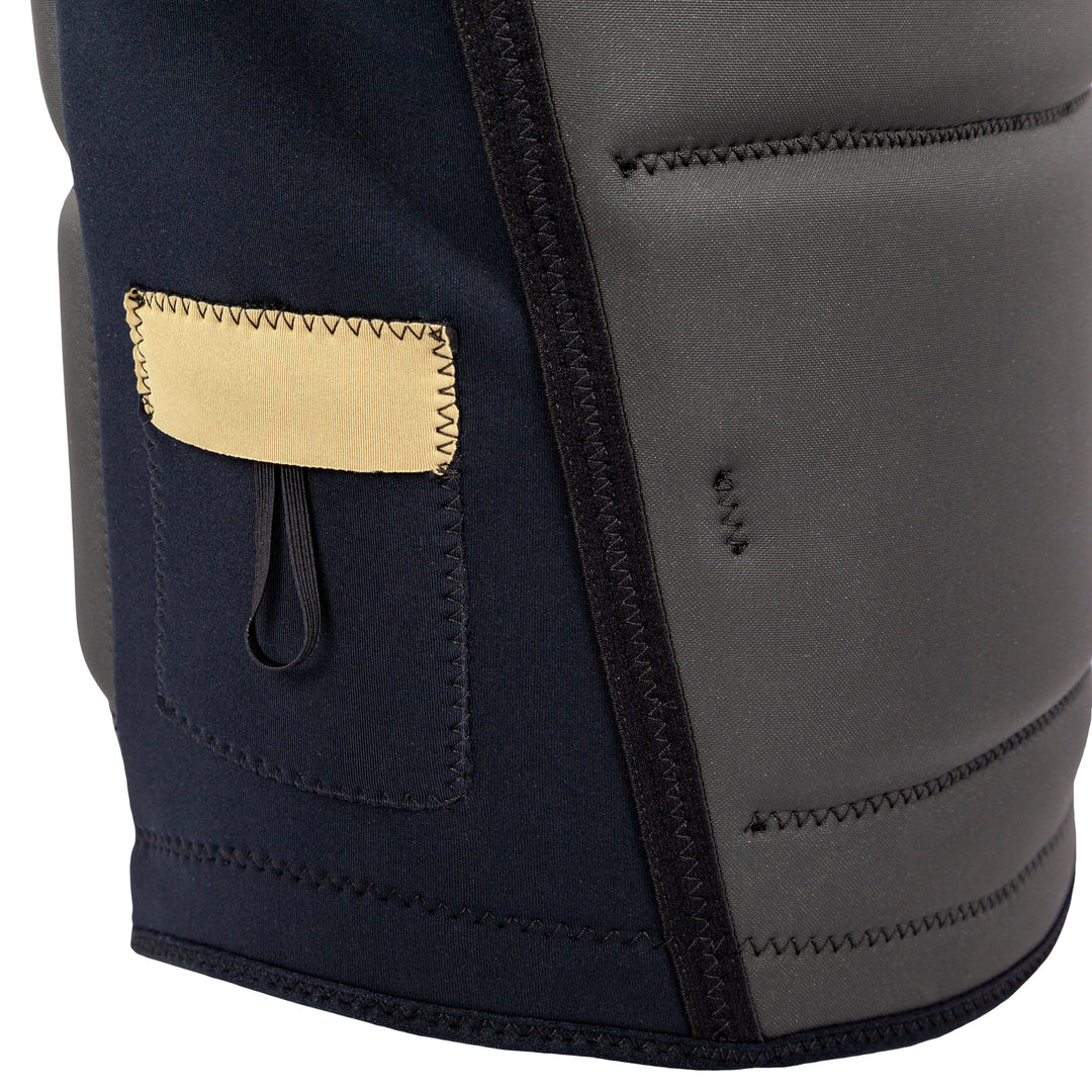 Closeup view of the Jetpilot Freeboard Ayala Comp Vest side pocket. #color_ayala-black