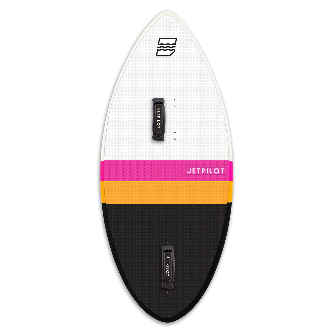 Front view of the Jetpilot Glass Slipper Wake Surfboard with the foot straps attached.