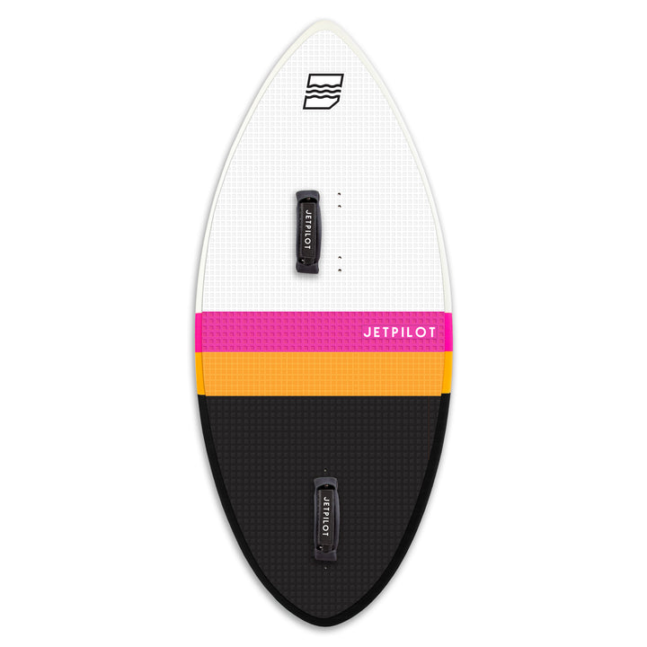 Front view of the Jetpilot Glass Slipper Wake Surfboard with the foot straps attached.