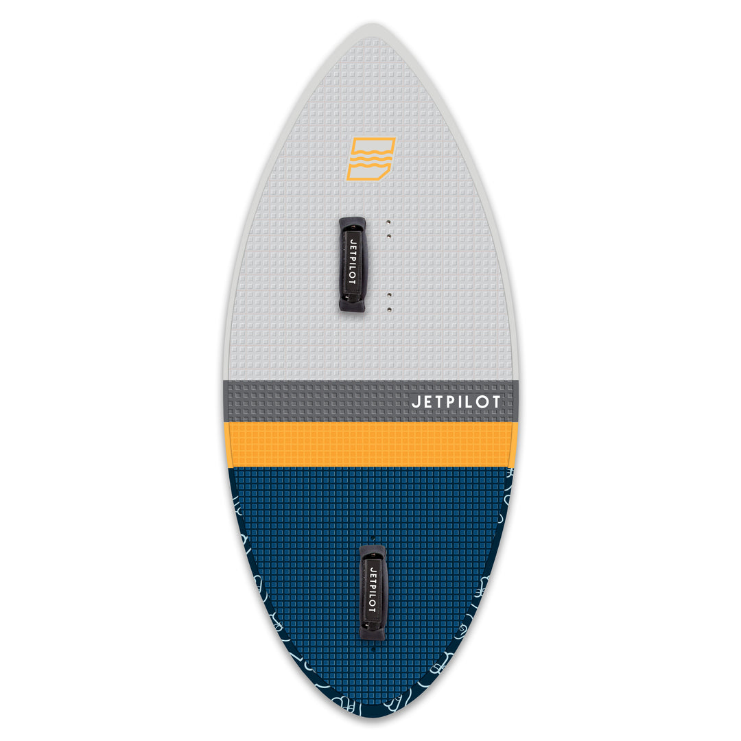 Front view of the Jetpilot Glass Slipper Wake Surfboard with the foot straps attached.