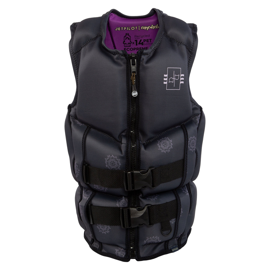 Front view of the Jetpilot Women's Copy Cat Club CGA vest. #color_charcoal