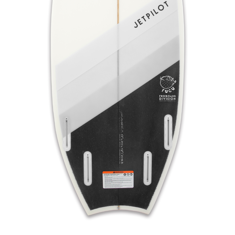 View of the Jetpilot Fugu Wake Surfboard Quad fins box.