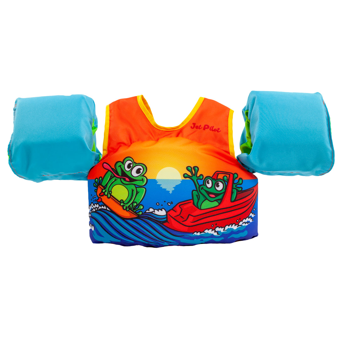 Front view of the Jetpilot Lil Wing Man Infant swim vest Toad colorway.