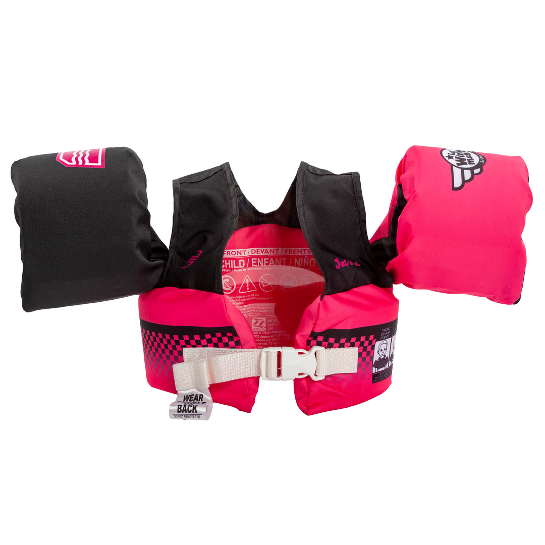 Rear view of the Jetpilot Lil Wing Man Infant swim vest Vintage Pink colorway.