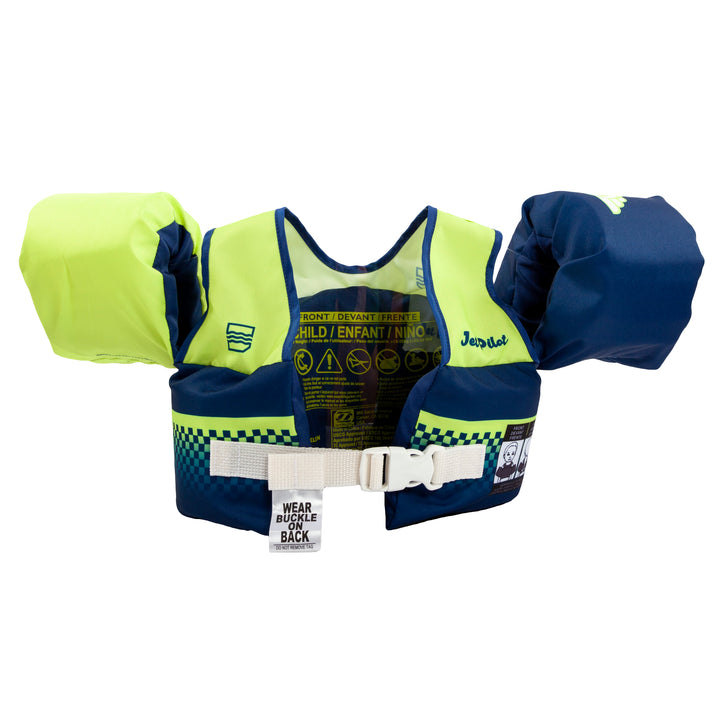 Rear view of the Jetpilot Lil Wing Man Infant swim vest Vintage Navy colorway.