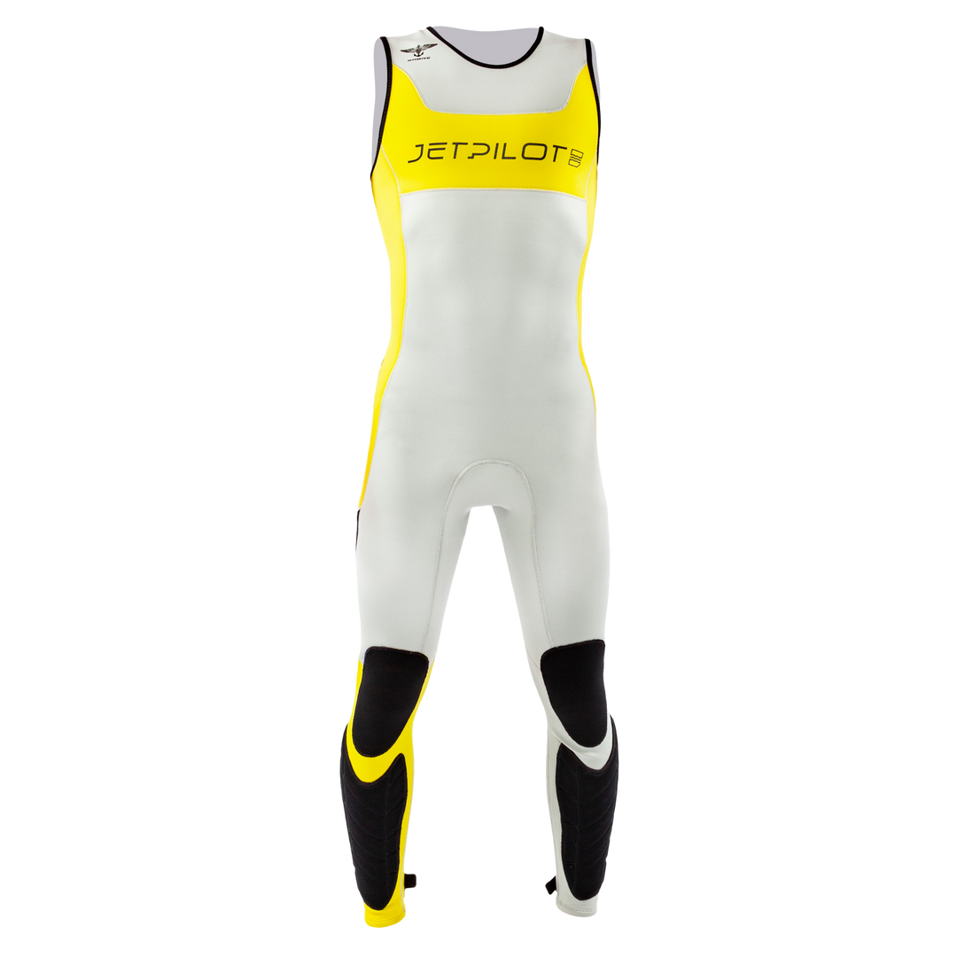 Front view of the Jetpilot F-86 Sabre John wetsuit Silver Yellow colorway.