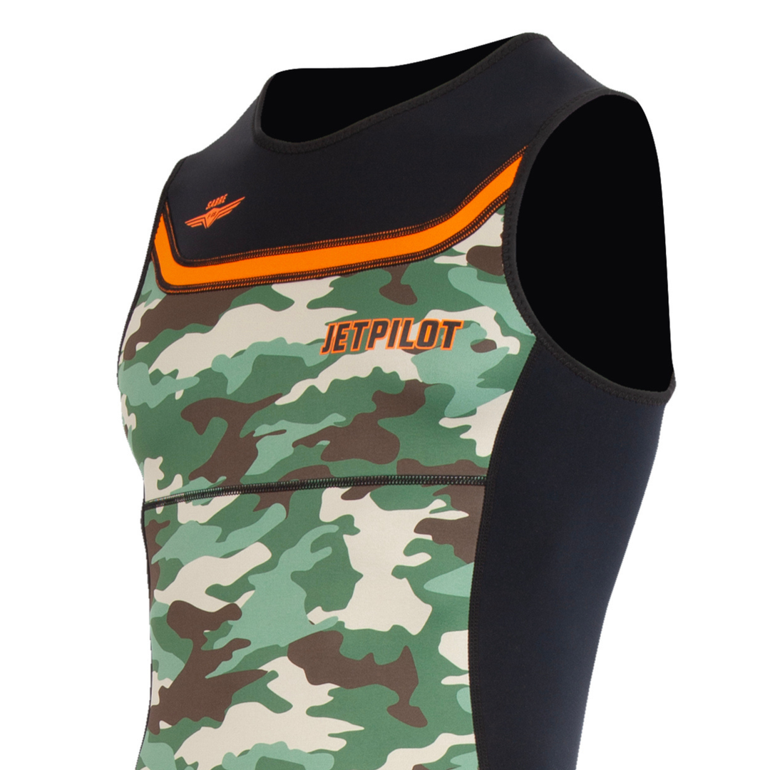 Close up shot showing the stitching on the Sabre Camo John Wetsuit.