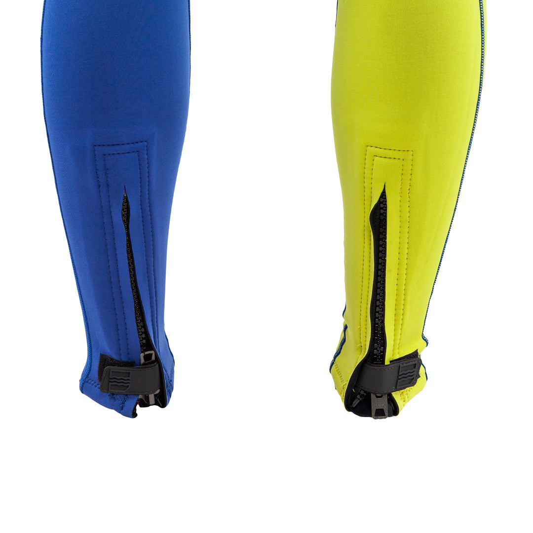 Image of the ankle zippers on both legs of the Vintage Class wetsuit.