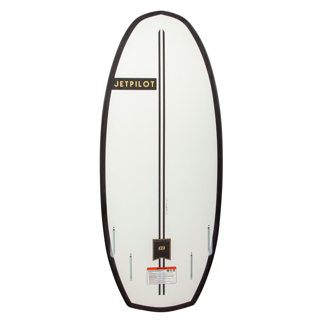 Image of the bottom side of the Jetpilot Black Flag Wake Surfboard showing the Rounded Square Tail..