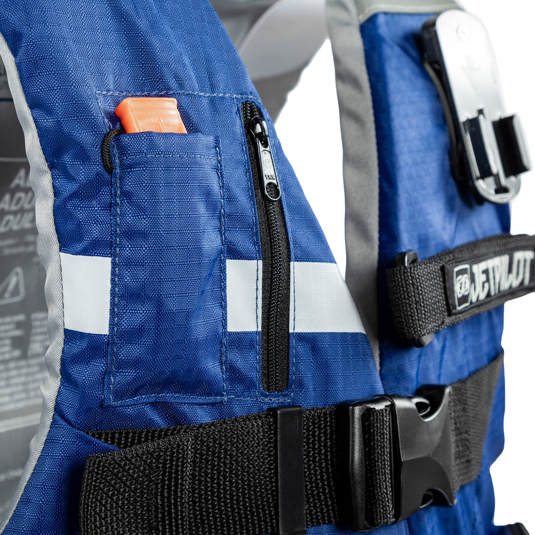 View of the Jetpilot L.R.E. Navigator Nylon life vest Navy Grey colorway whistle. #color_navy-grey