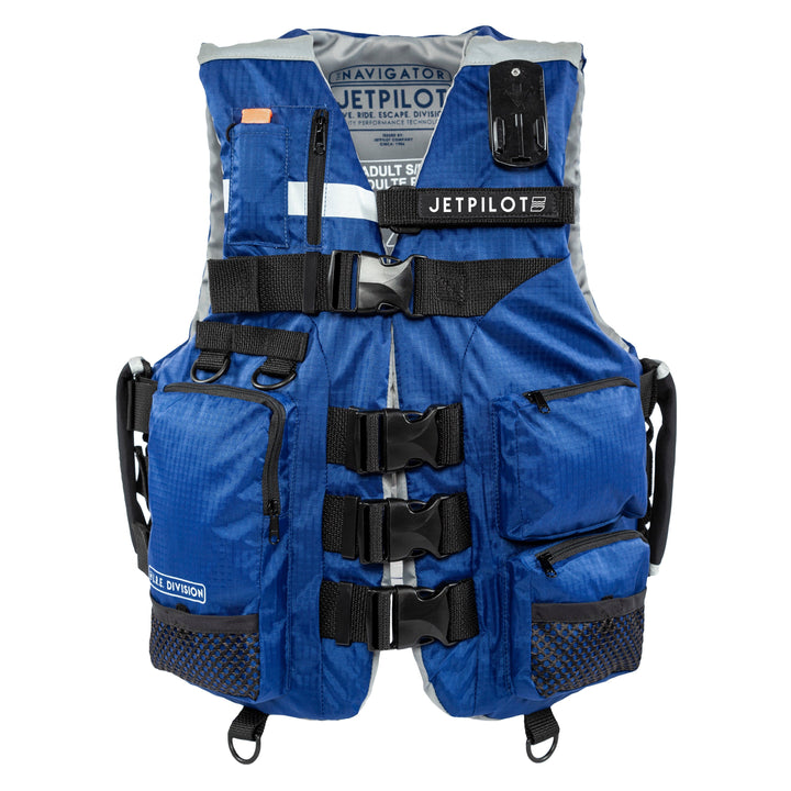 Front view of the Jetpilot L.R.E. Navigator Nylon life vest Navy colorway. #color_navy-grey