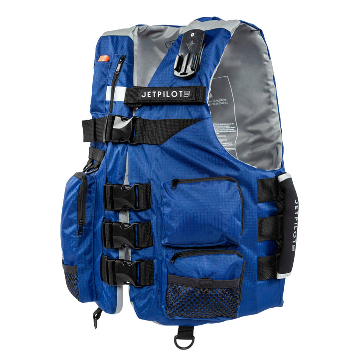 Side view of the Jetpilot L.R.E. Navigator Nylon life vest Navy colorway. #color_navy-grey