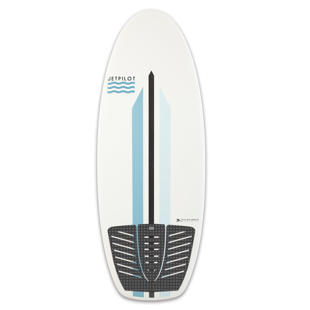 Image of the Jetpilot Dylan Ayala Pro Model Wake Surfboard showing the 3 Piece embossed grip rear traction pad. 