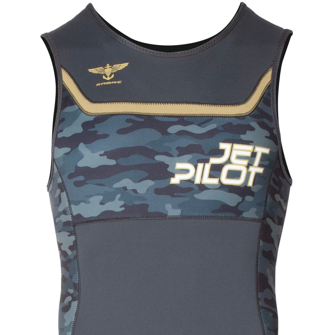 Chest view of the Jetpilot F-86 Sabre John wetsuit Gray Camo colorway.