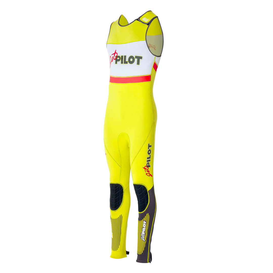 Angle view of the Jetpilot Vintage John Wetsuit Neon Yellow colorway.