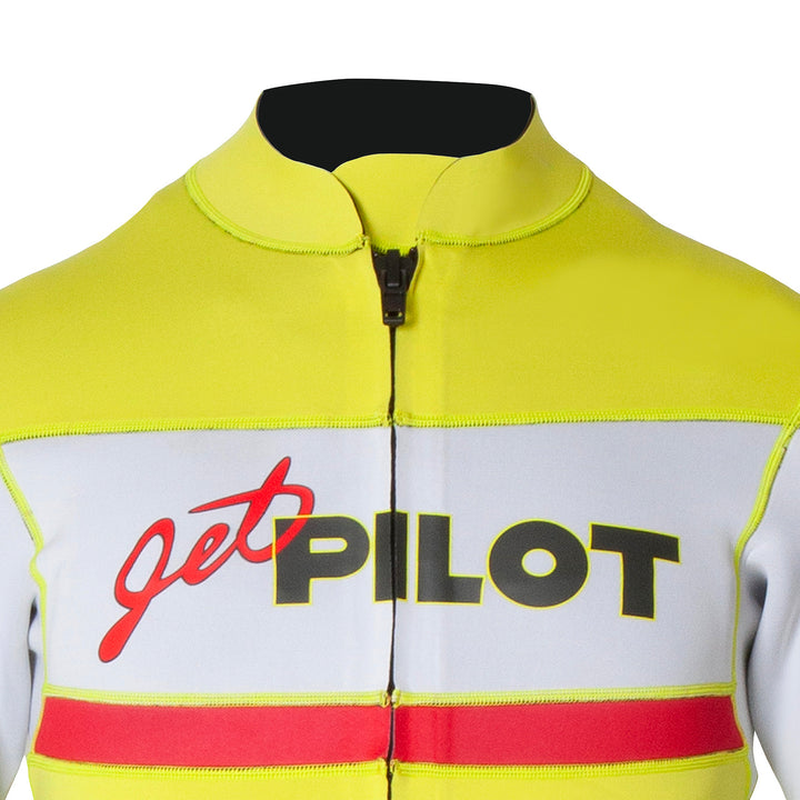 Front top view of the Vintage Jacket neon yellow showing the jet pilot logo