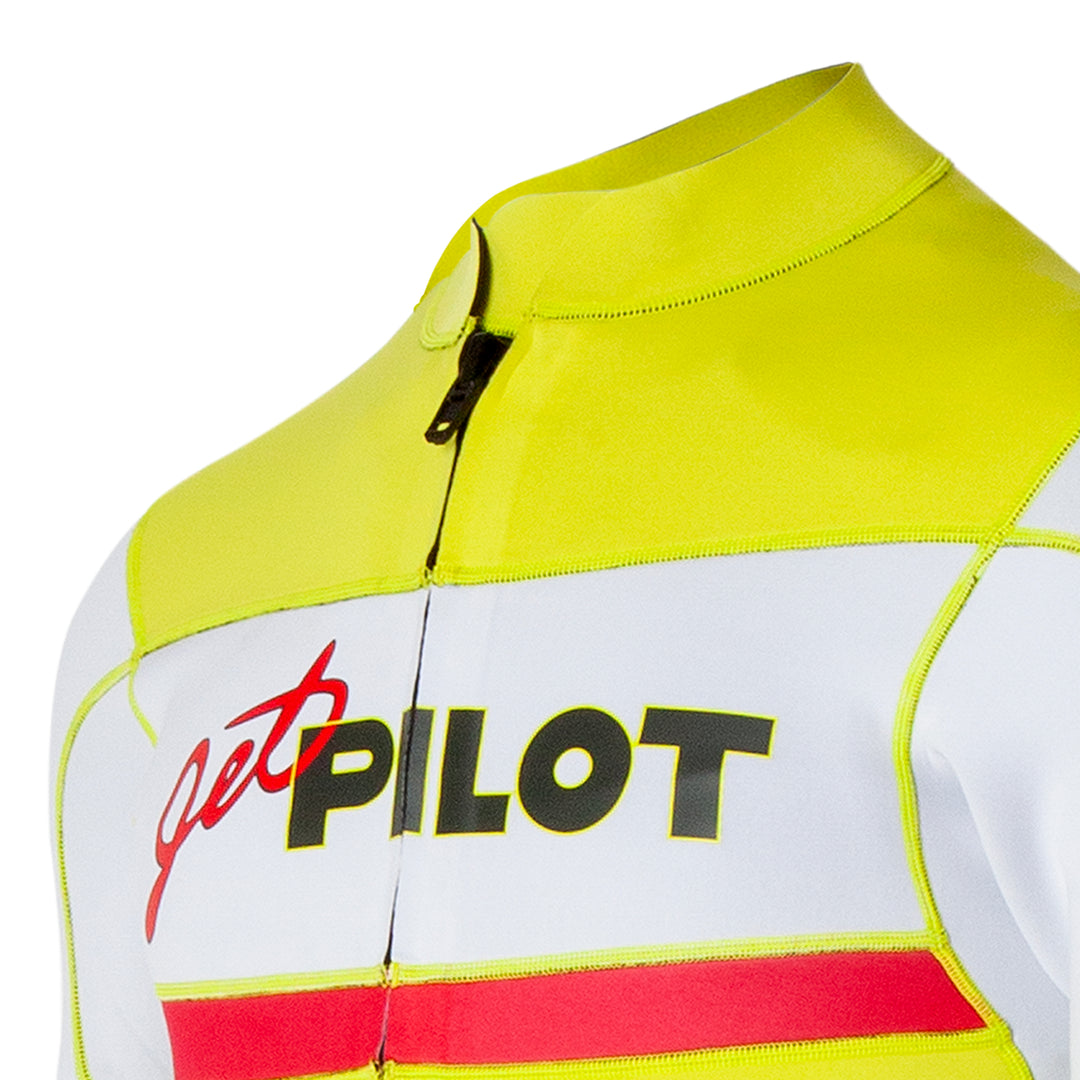 Angle top view of the Vintage Jacket neon yellow showing the jet pilot logo