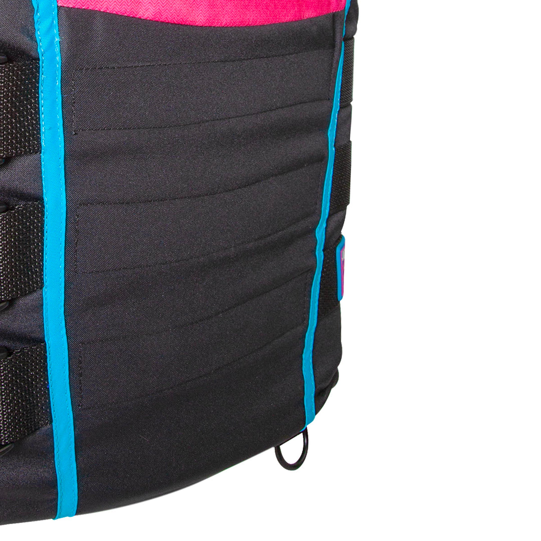 Front view of Black Pink Vintage life vest showing the hiding straps