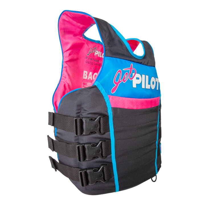 Right Angle view of Black Pink Vintage life vest