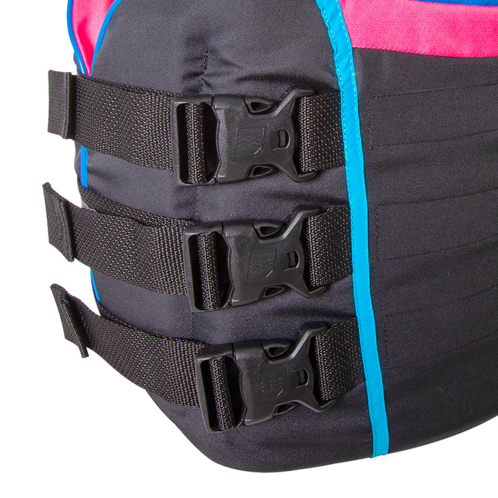 Side view of Black Pink Vintage life vest showing Patented side entry internal 3 buckle design