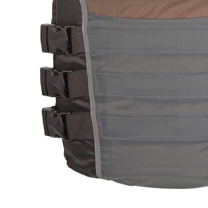 Front bottom view of Grey Neon Vintage life vest showing the 3 internal buckle design