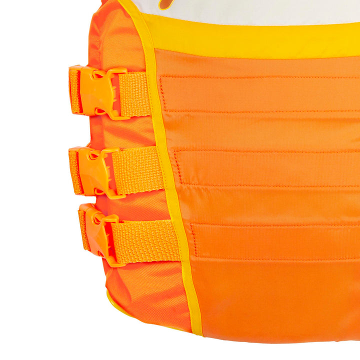 Front view of Orange White Vintage life vest showing  the 3 internal buckles
