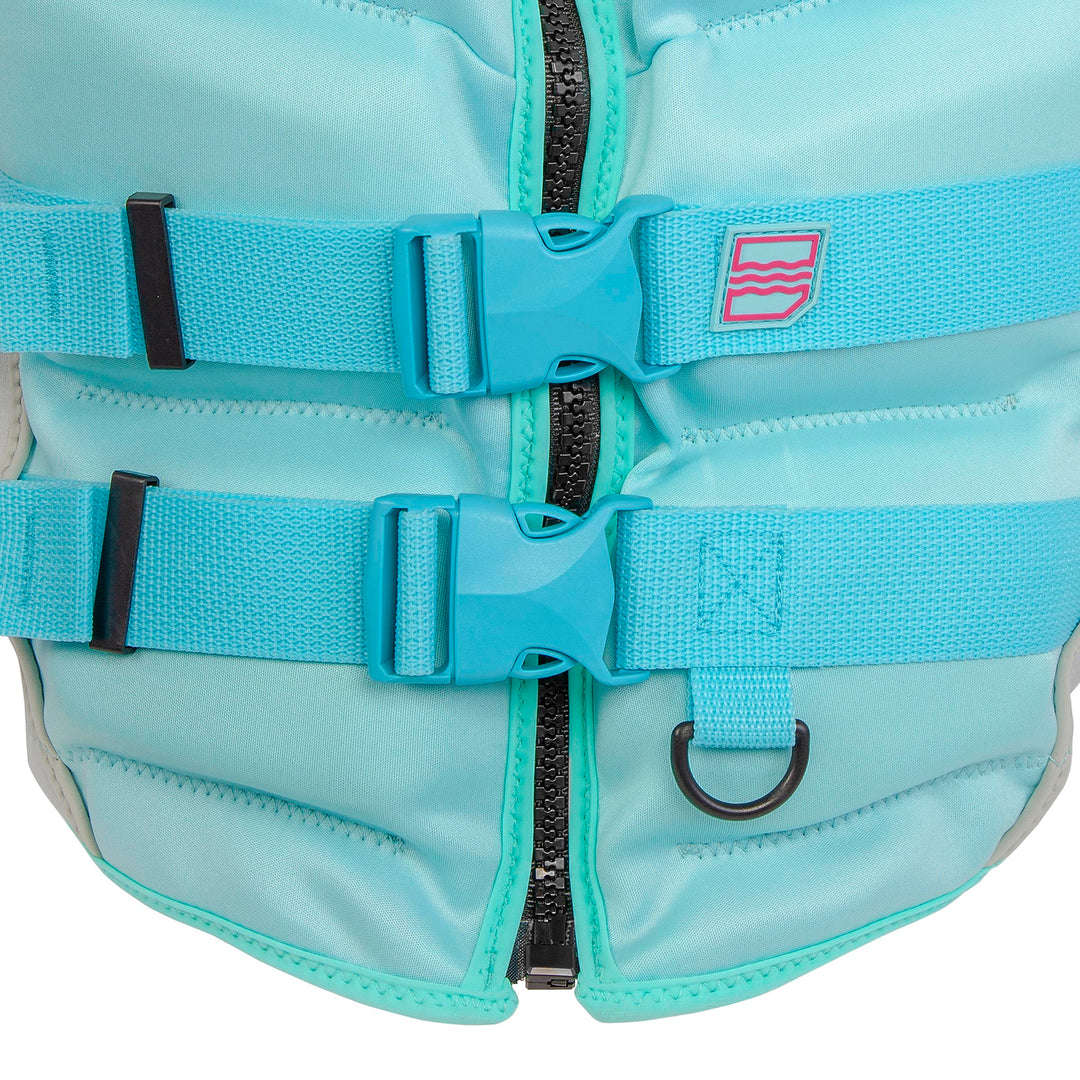Front bottom view of the Jetpilot Youth Shaun Murray CGA Vest color sky showing the buckles